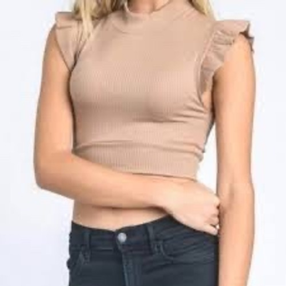 Storia Women M Ribbed Mock Neck Ruffle Cap Sleeve Tan Crop Top Minimalist‎ Chic